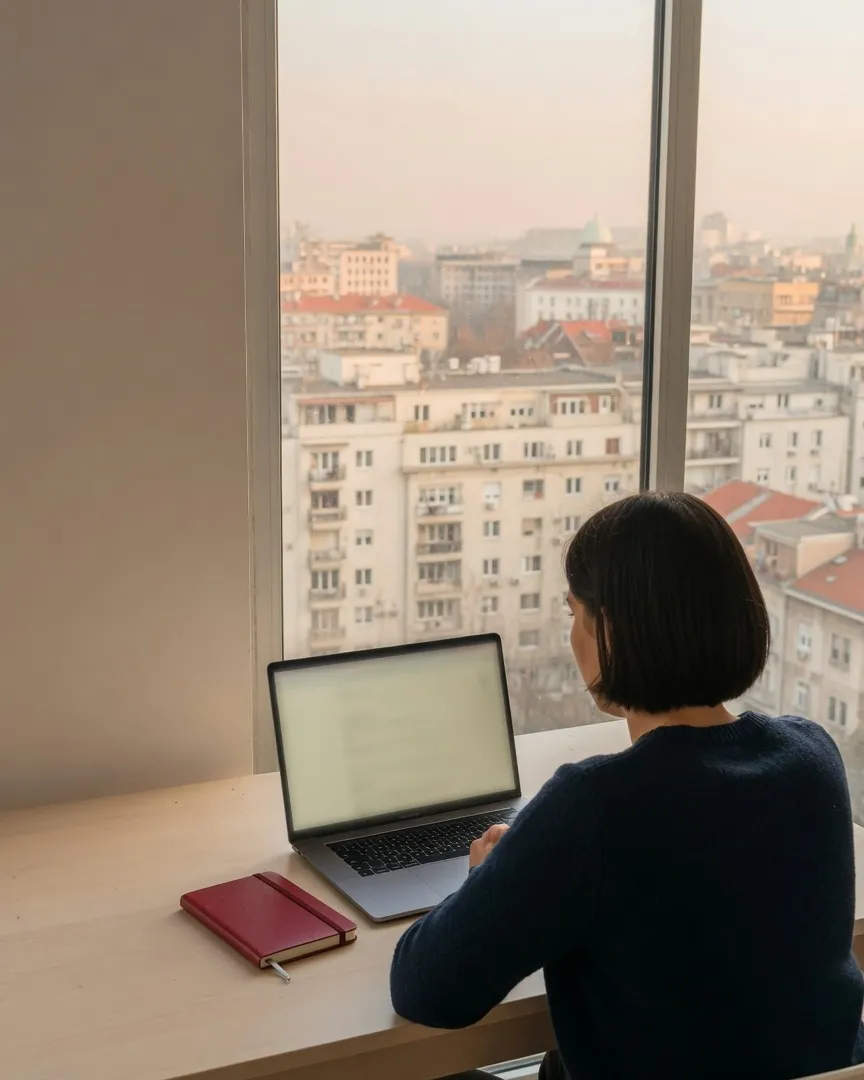 Woman working on a laptop by a window overlooking the city