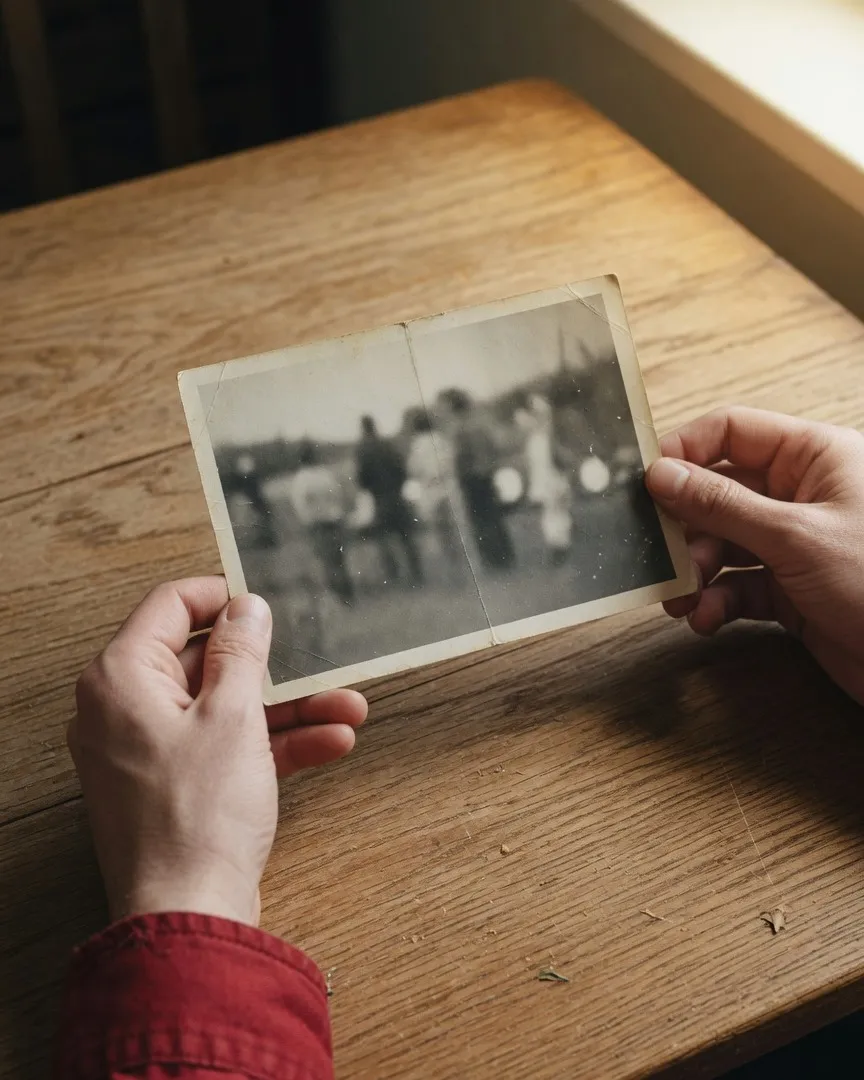 Hands holding an old black-and-white family photograph