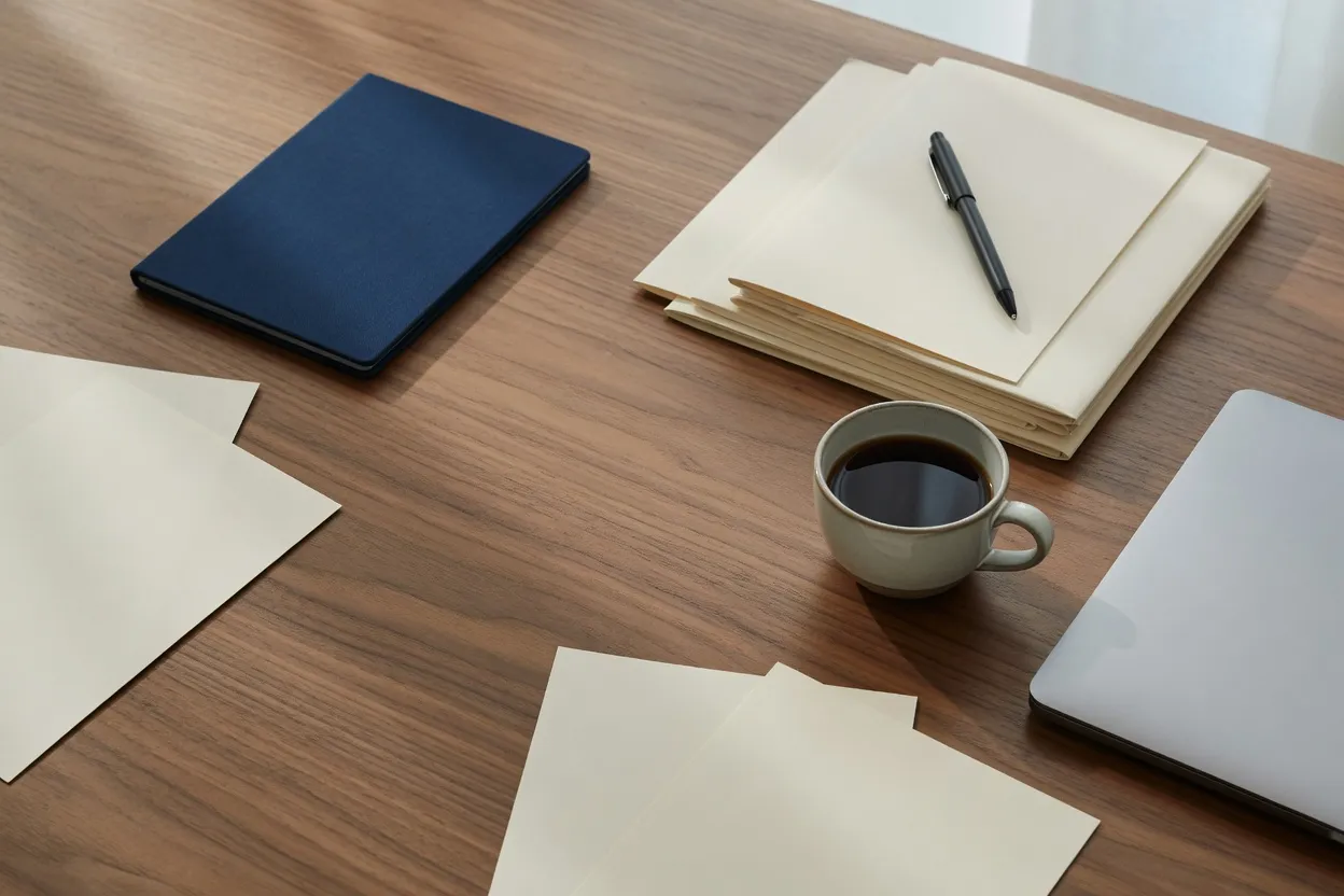 Papers, a notebook and a cup of coffee on a wooden desk