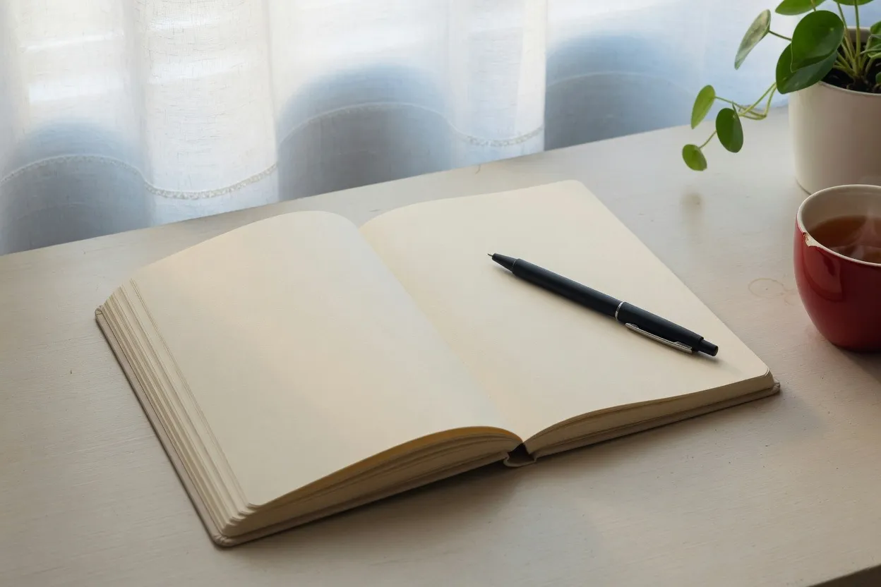Aydınlık bir pencerenin önünde masada açık defter ve kalem