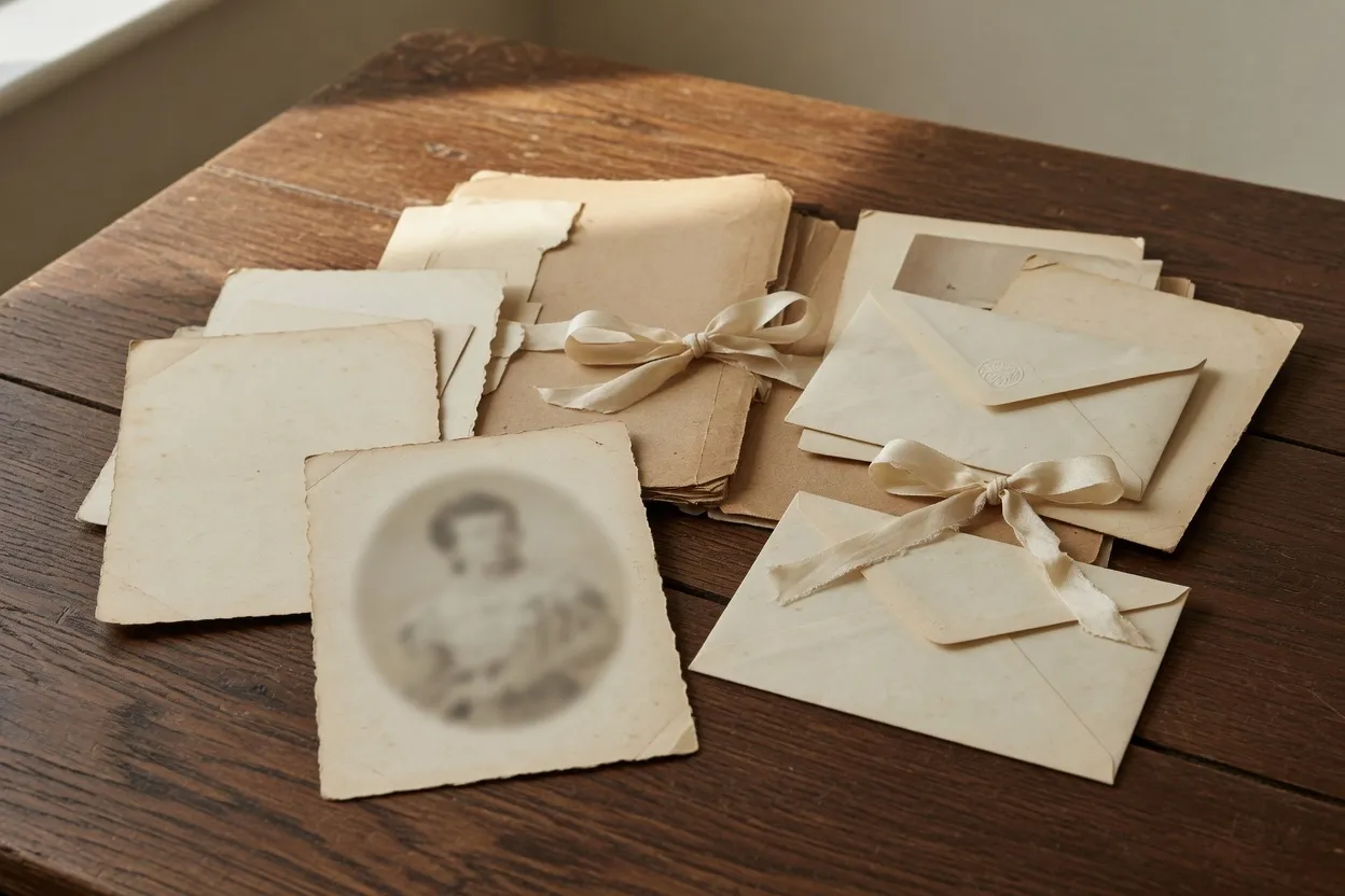 Old letters and photographs tied with ribbon