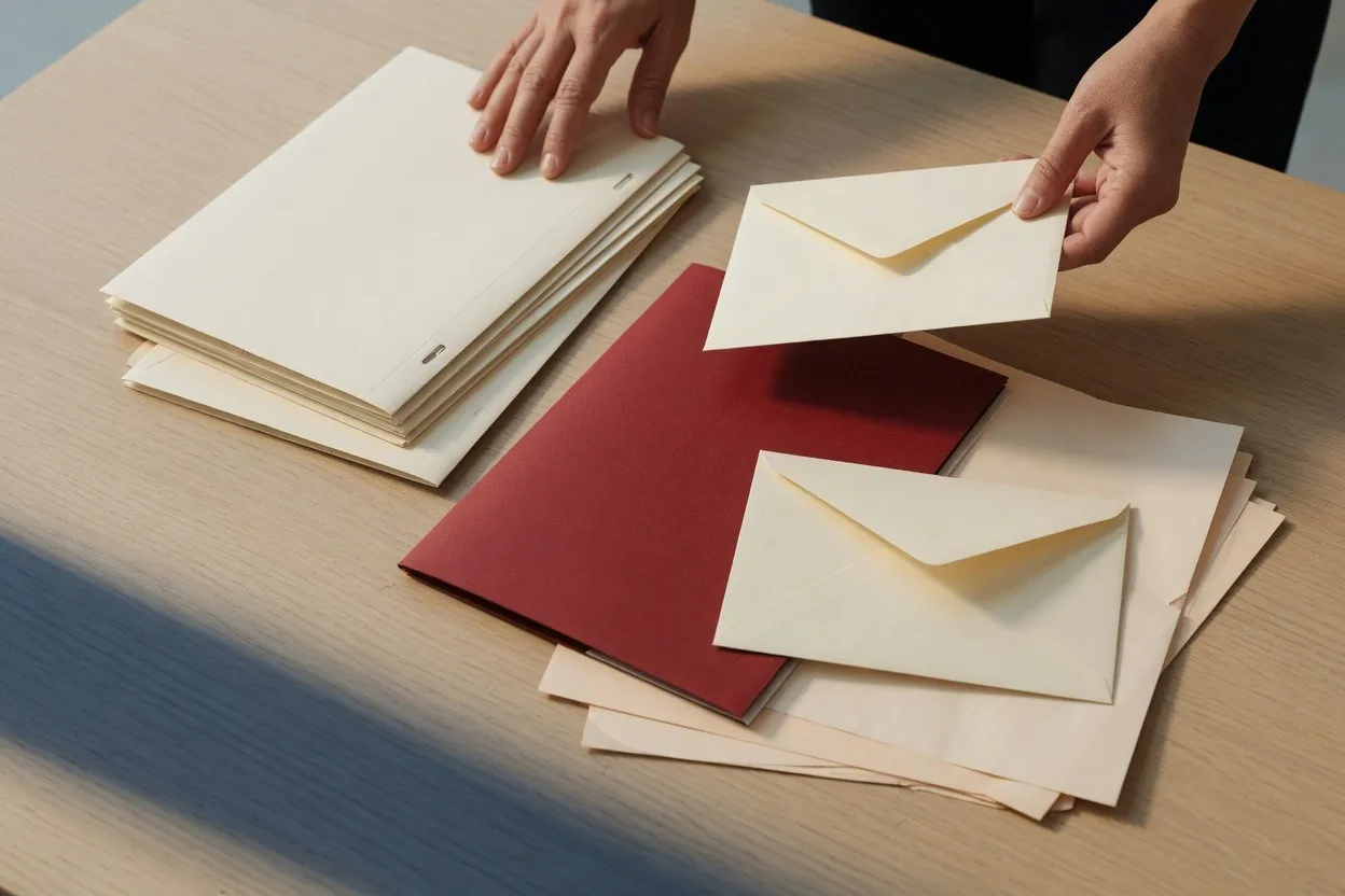 Hands arranging papers, envelopes and a red folder on a desk