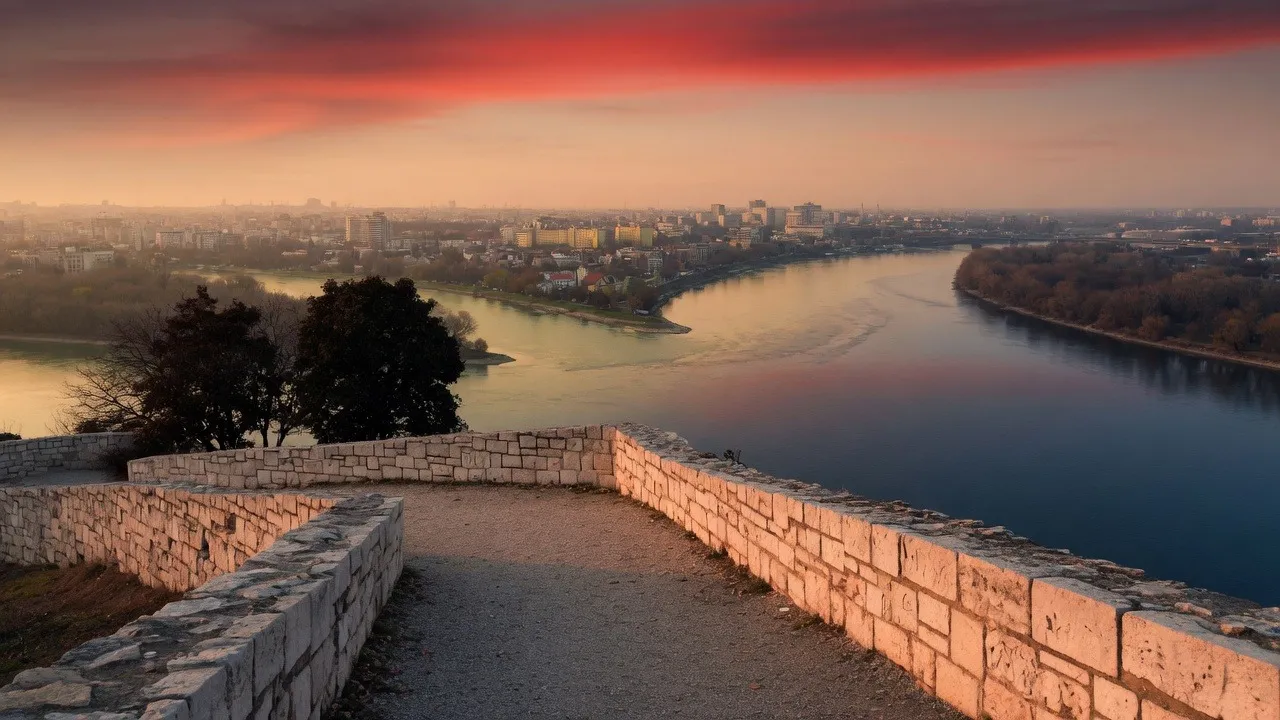Sunset over the river seen from an old fortress wall